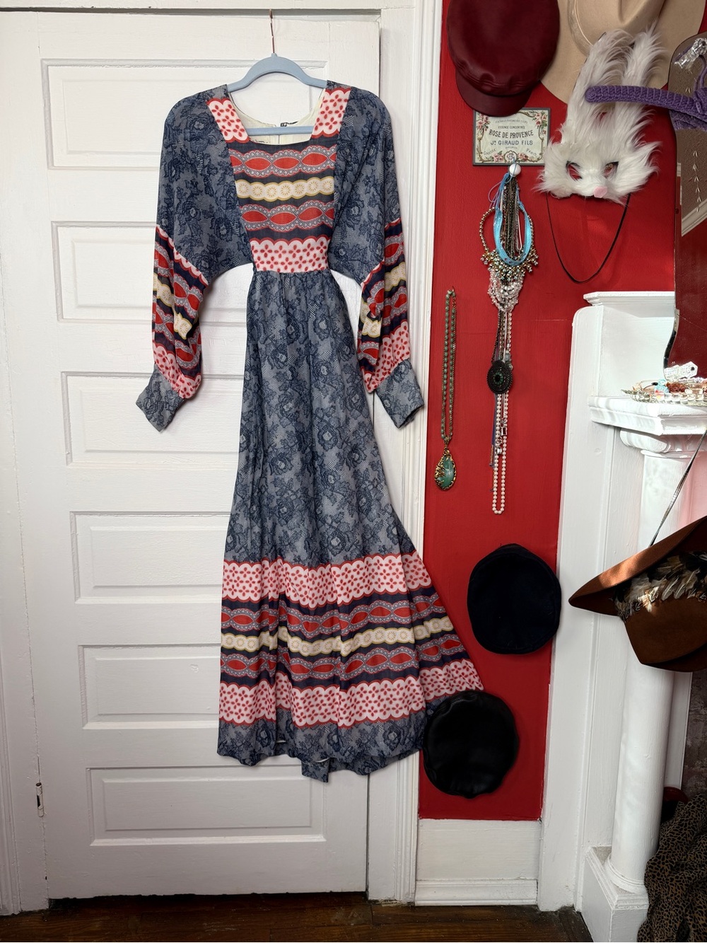 1970s Arjon California Maxi Dress in Navy and Coral